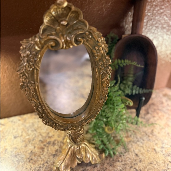 Other - Vintage Gold Baroque Resin Floral Pattern Standing Table Mirror 14 Inches Tall